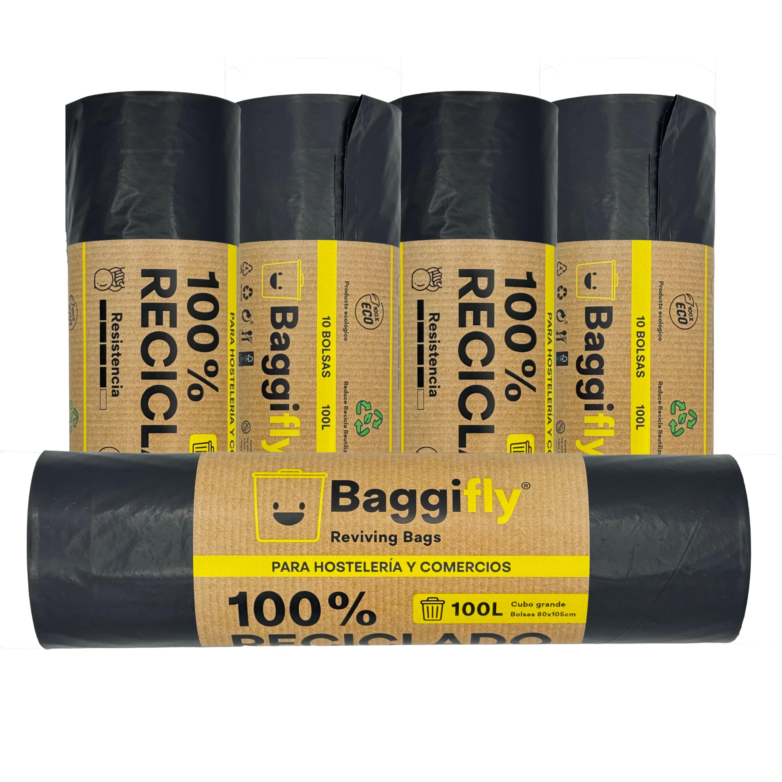 Baggifly, sacchetti per immondizia 100 l, 50 sacchetti super resistenti, 100% riciclati, Eco Friendly, ospitalità, negozi e giardinaggio, confezione da 5 x 10, made in Spagna