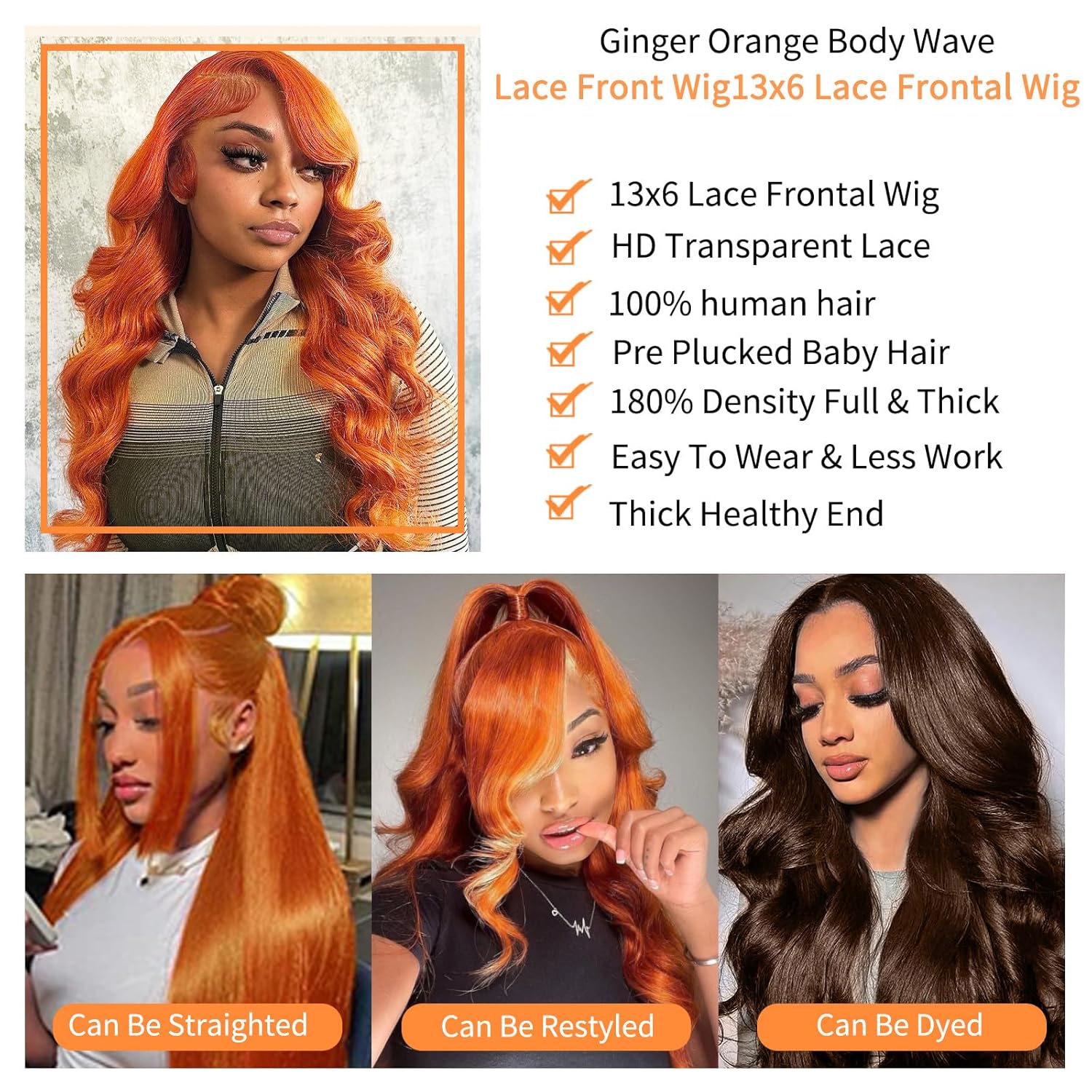 Ginger Lace Front Wigs Human Hair 13x6 Body Wave HD Transparent Lace Frontal 350 Colored Human Hair Wig 180% Density Ginger Lace Front Wig for Women 22 Inch