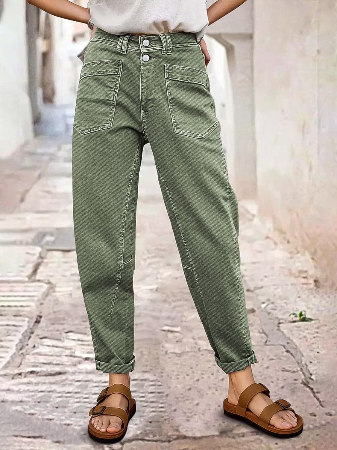 Flamingals Mid Rise Straight Leg Pants Women Stitch Detailing Workout Dressy Cropped Pants Spring Summer Trendy - Image 2