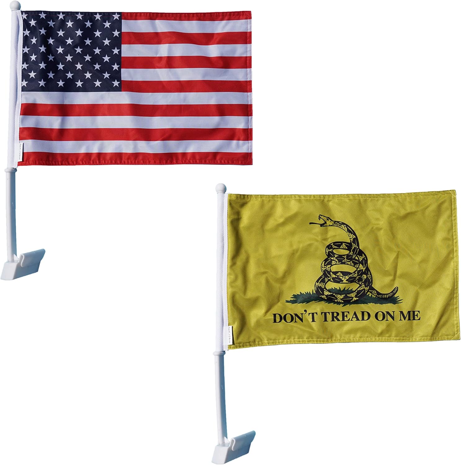 Premium Durable Double Sided Three Layers Heavy Duty Sleeve Car Flag 12â€œx18â€ With Flag Pole Window Clip Mount For Most Vehicle Window (USA + Don't Tread On Me Gadsden)