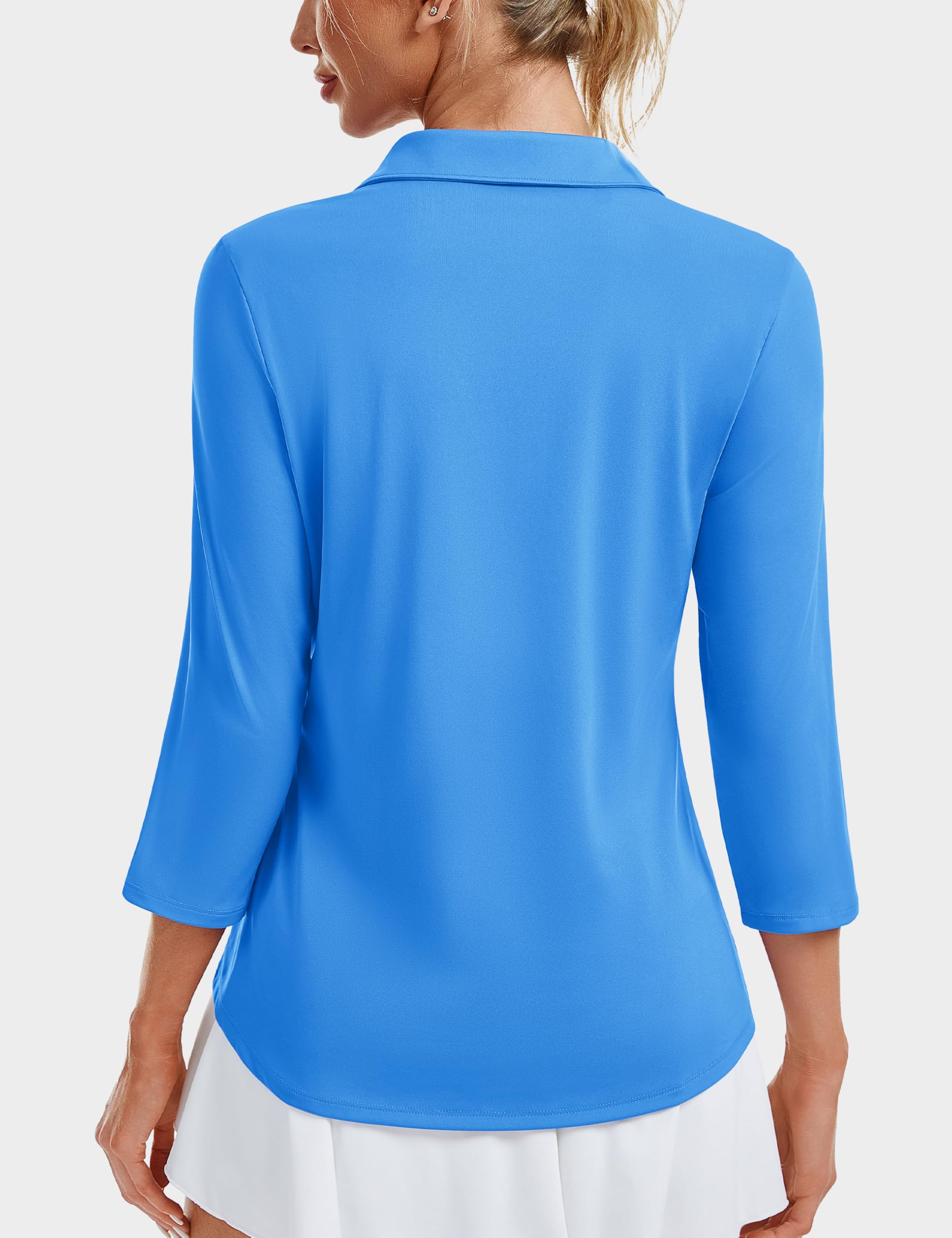 MAGCOMSEN Women's V Neck 3/4 Long Sleeve Tops Golf Collared Shirts SPF UPF 50+ Polo Shirts Casual Summer Work Tees Dry Fit Azure L