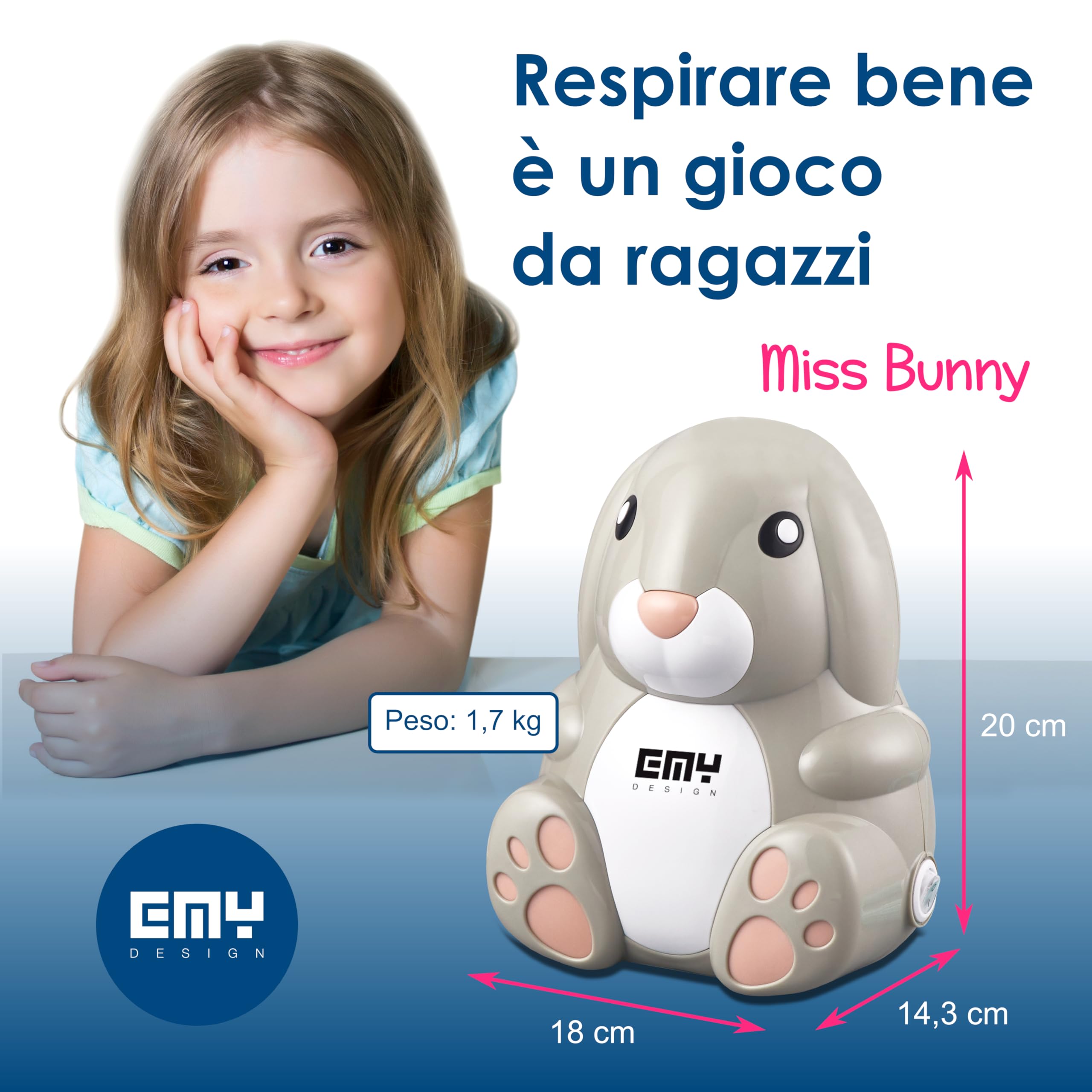E.M.Y. Design MISS BUNNY - Aerosol per Bambini e Adulti, Dispositivo Medico Classe IIa, Certificato CE e FDA, Nebulizzatore a Pistone Potente con Accessori e Borsa