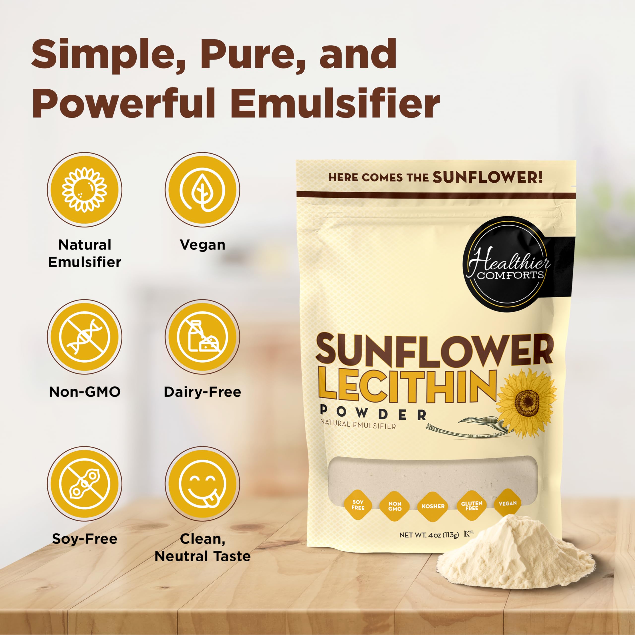 Healthier Comforts Sunflower Lecithin Powder (4 oz) | Non-GMO, Plant-Based Emulsifier for Smoothies, Baking, Chocolate, Salad Dressings & DIY Skincare | Natural Phospholipid Source — Amazon image 3