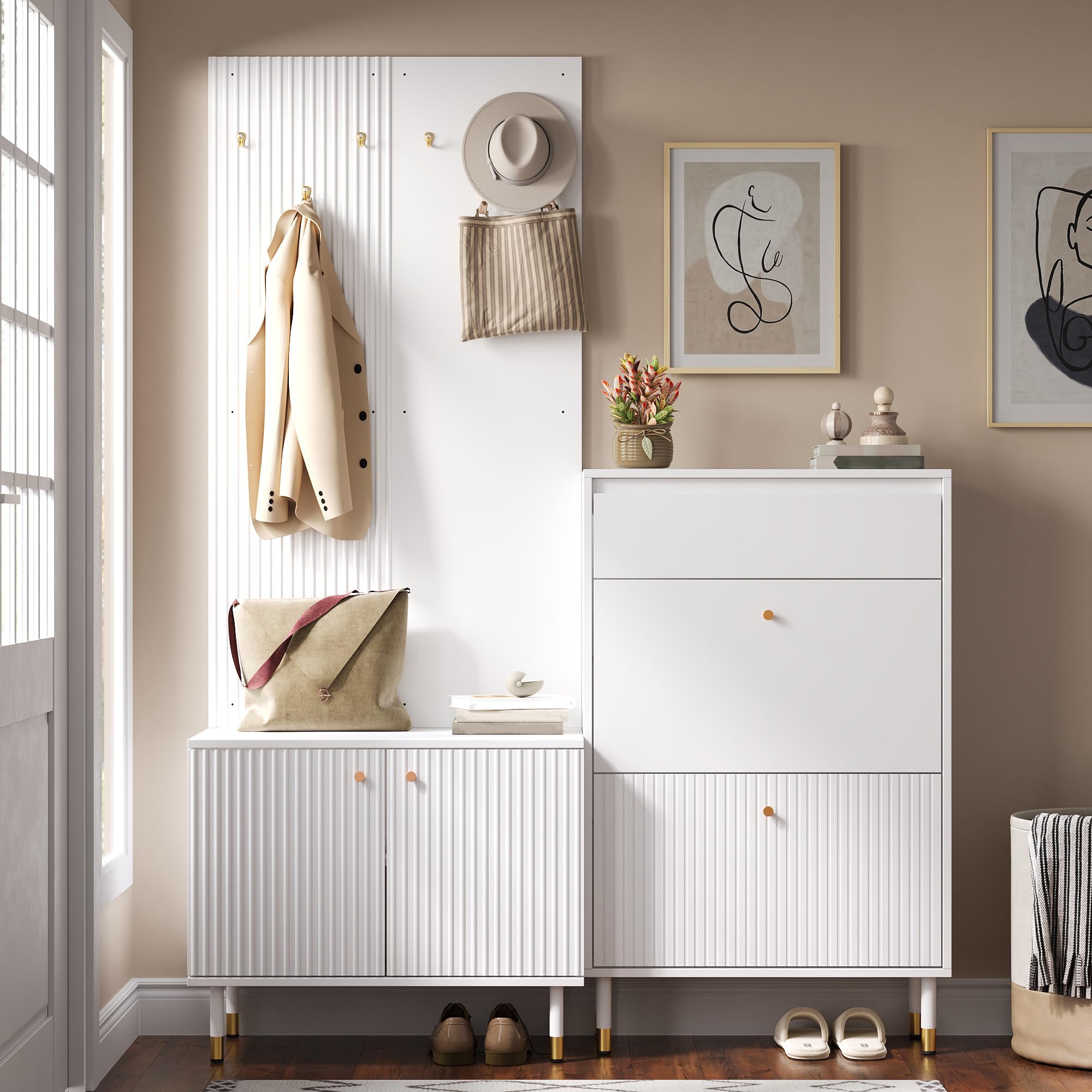 Garderobenset mit Schuhschrank und Staurschrank, kombinierte Standgarderobe mit 6 Haken und Schublade, modulares Flurmöbel für Flur, Diele und Eingangsbereich, Weiß B70xH180xT35 cm + B65xH104xT24 cm
