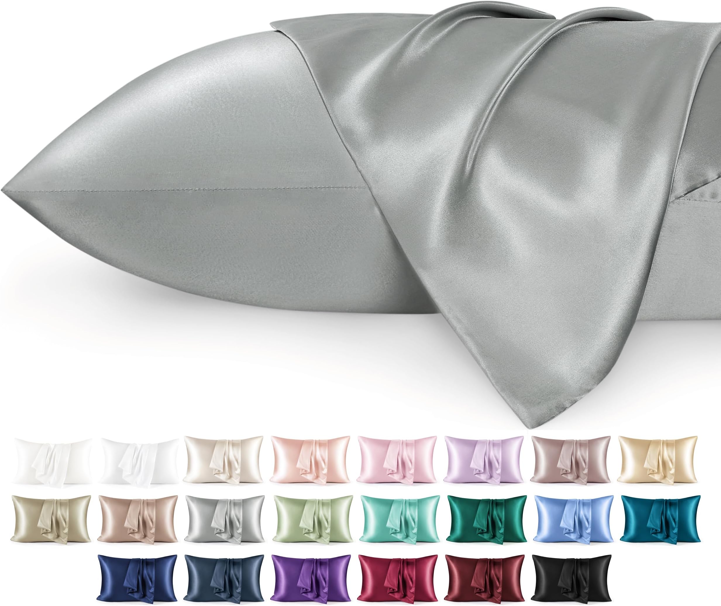 Satin Pillowcase for Hair - Similar to Silk Pillowcase, Cooling Pillow Cases 2 Pack with Envelope Closure, Gifts for Women, Queen & Standard Size 50x75 cm, Grey