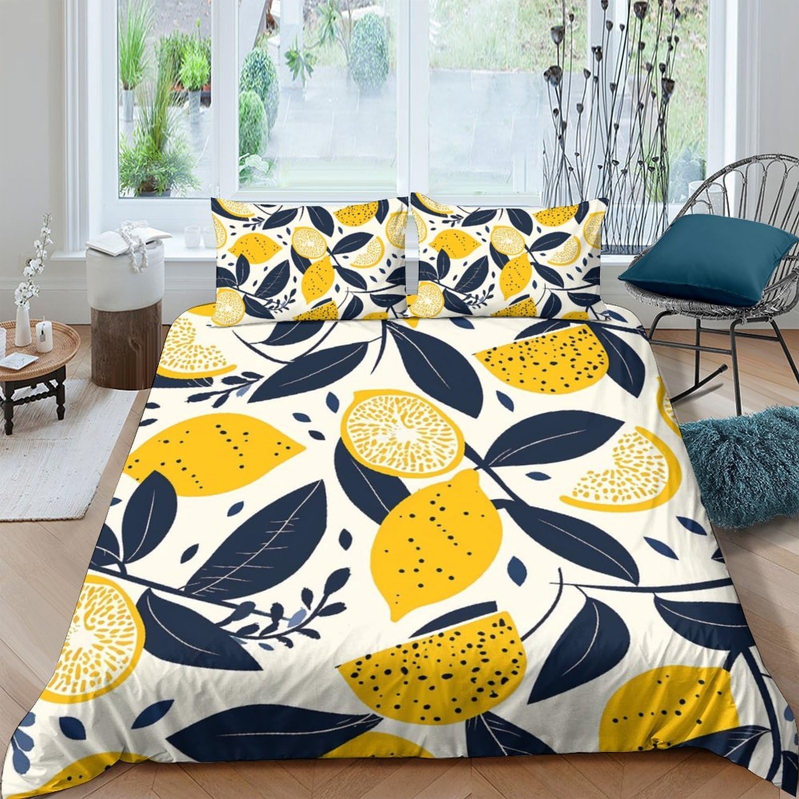 Ctjqhvkz Style-3 3D Printed Lemon Leaf Fitted Sheet Microfiber Soft Yellow Blue Bed Cover For Bedroom Guest Room Home Decor Single（135X200cm）