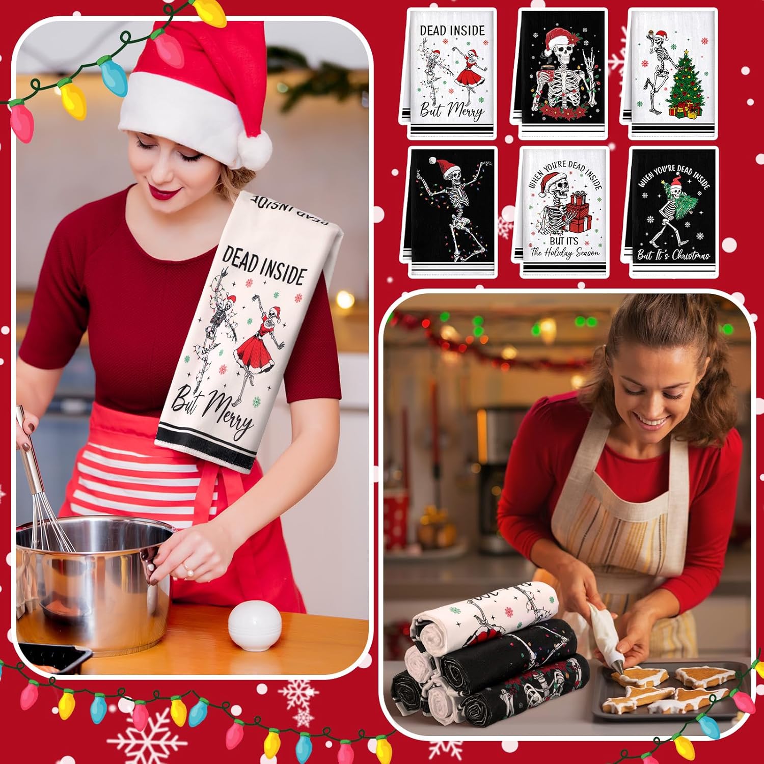 Preboun 6 Pcs Gothic Christmas Kitchen Towels Black and White Dish Cloth Xmas Skeleton Hand Towels Decorative Farmhouse Tea Cloth Absorbent for Holiday Kitchen Bathroom Decor - Image 2