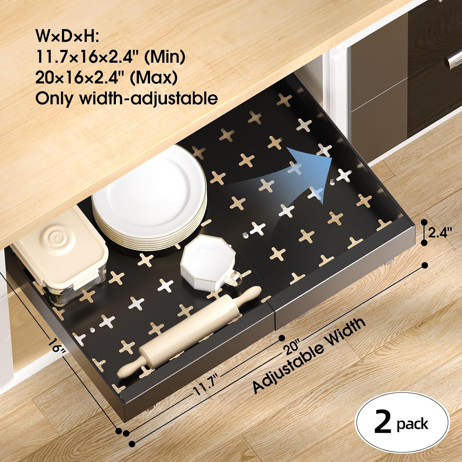 Delamu 16" Deep Pull Out Cabinet Organizer with 6 Dividers, Expandable (11.7 "-20" W) Pull Out Drawers for Cabinets, Cabinet Trays Pull Out for Cabinets in Kitchen, Pantry or Bathroom, Black, 2 Pack