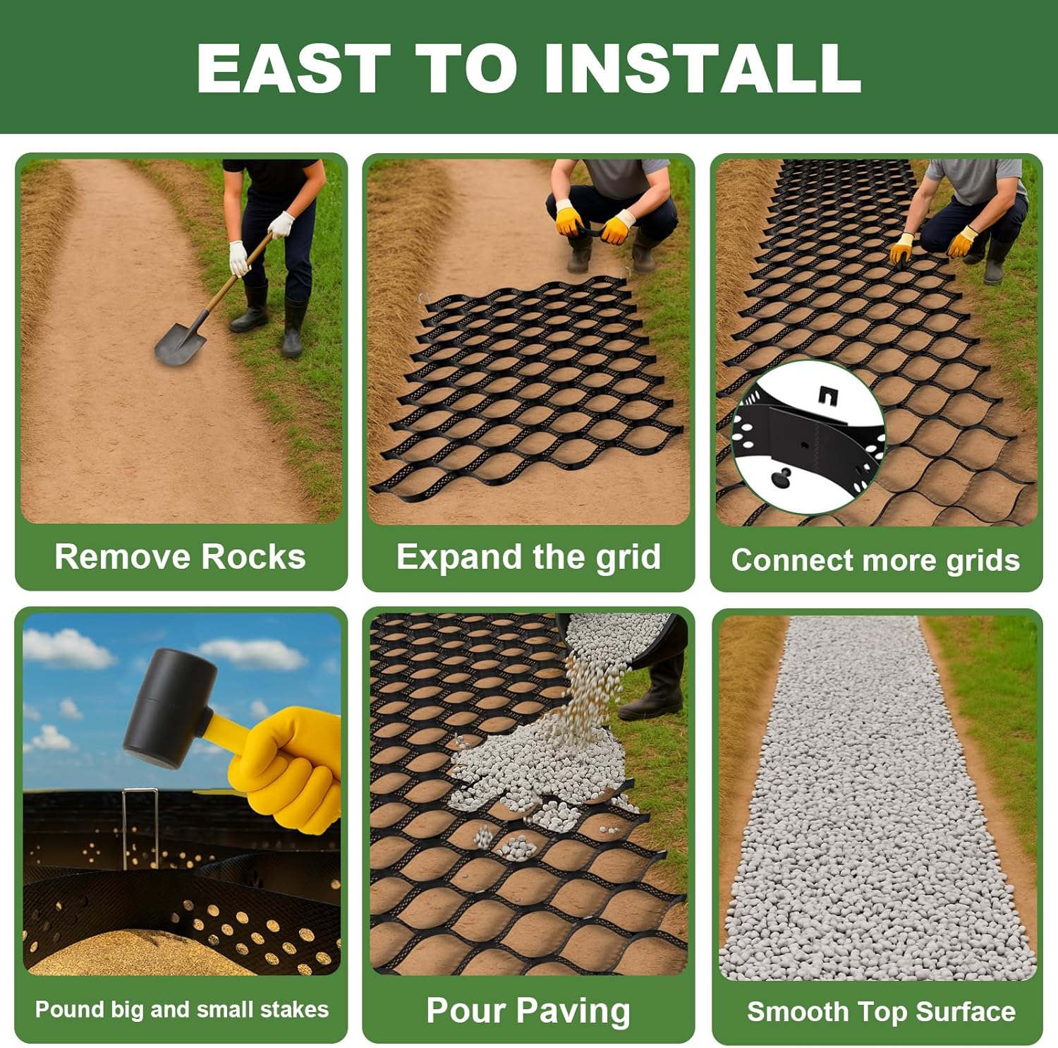 Gravel Grid 2'' Depth with Metal Stakes, 6.6x16.4 FT Geogrid for Gravel Driveway 2200 lbs per Sq FT Erosion Control Ground Grid Gravel Stabilizer Grid for Driveway, Parking Lot, Slope, Walkway, Patio