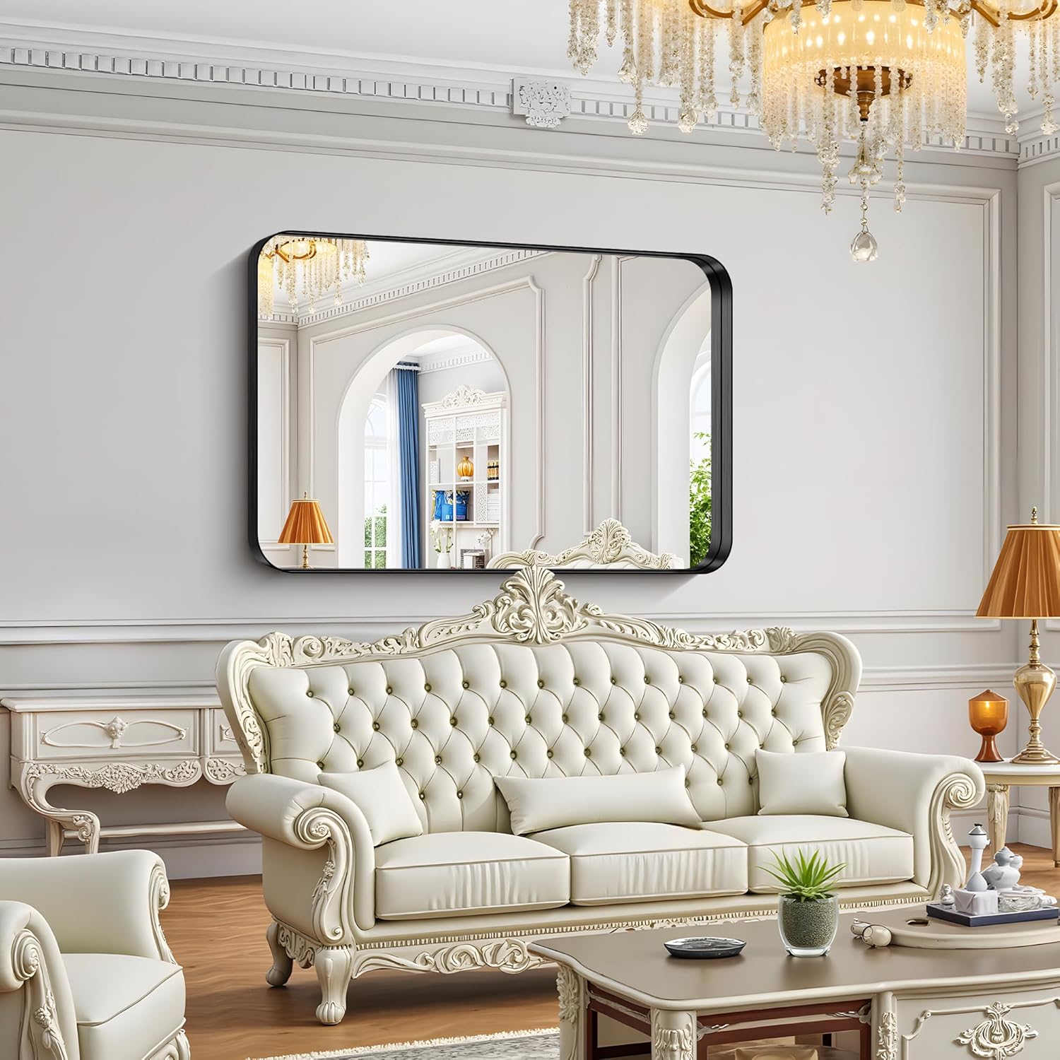 FORBATH 55x36 Inch Large Bathroom Mirror for Double Sinks, Brushed Black Deep Frame Wall Mirror with Rounded Corners, Anti-Rust Tempered Glass for Modern Farmhouse Vanity (Horizontal/Vertical)