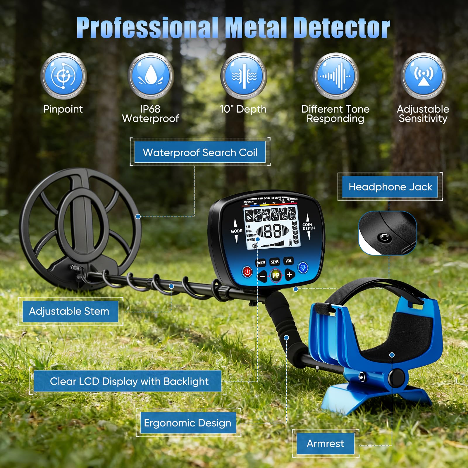 Detector de Metales Profesional para Adultos y Niños, Impermeable para Oro con Modos Pinpoint y Terreno, Emparejamiento Rápido, 5 Modos, Alta Precisión, Ligero y Fácil de Usar