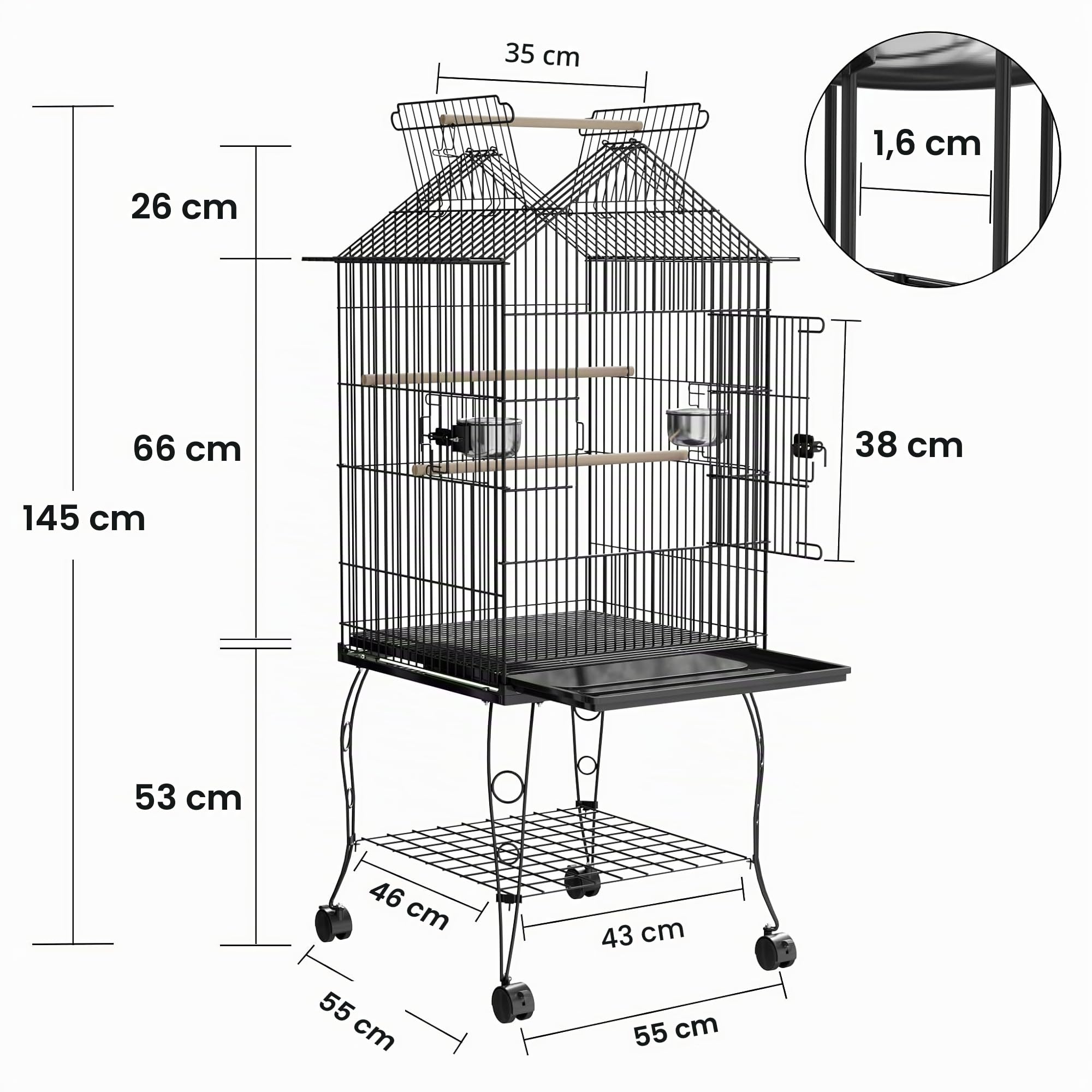 Froadp Vogelvoliere Vogelkäfig mit Ständer und Rollen Groß Wellensittichkäfig Metall Vogelhaus mit Holzstangen und Futternäpfe Voliere Käfig Tierkäfig für Papageien Tauben Sittiche Finken (Typ B)