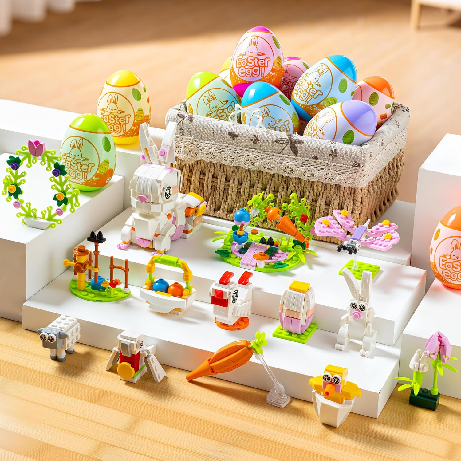 Prefilled Easter Eggs with 12 Packs Bunny Building Blocks Sets – 12 in 2 Easter Basket Stuffers Building Toys, Includes Rabbit, Butterfly, Carrot, Flower, Party Favors Gifts for Kids Boys Girls 6+