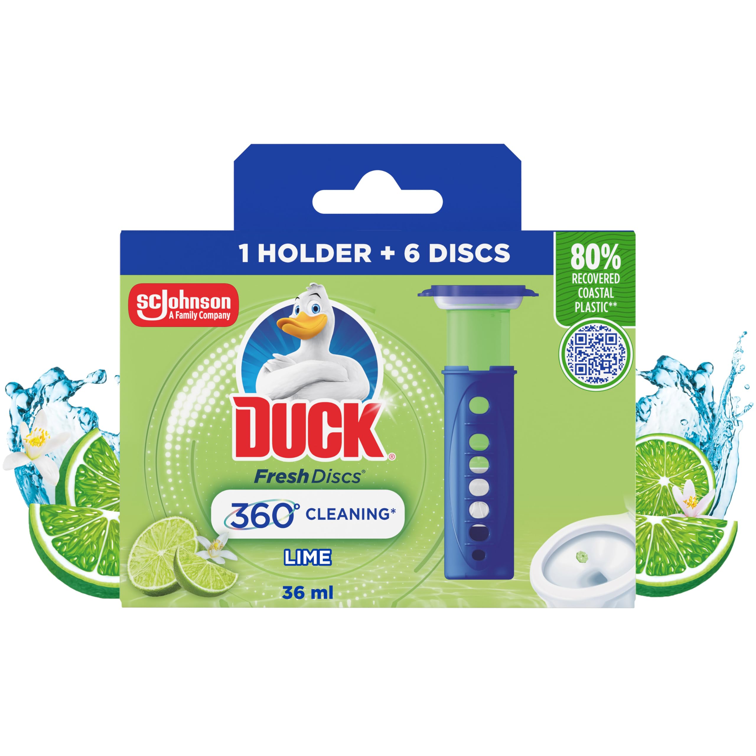 Duck Fresh Discs Toilet Cleaner Starter Kit, Fights Stains That Harbour Germs, Prevents Limescale Build Up, Lime, Pack of 5 (Each Kit contains 1 Holder + 1 Refill Tube)