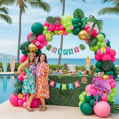 Miniatura 4 de Kit de arco de guirnalda de globos hawaianos tropicales con flamenco de árbol de coco de mylar, calcomanías de flores hawaianas, hojas de palmera,