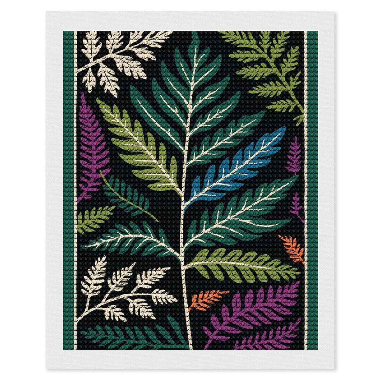Junmoney Ferns on Black Background Diamond Painting Set 16"x20", Stress Relief Craft, Easy to Enjoy, Vintage Style Decor, Festive Craft Gift