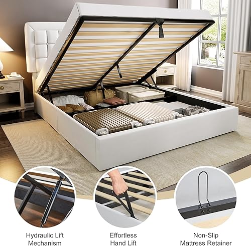 Miniatura 4 de Jocisland Base de cama de tamaño matrimonial con plataforma tapizada elevable debajo de la cama, con cabecero, no necesita somier, color blanco