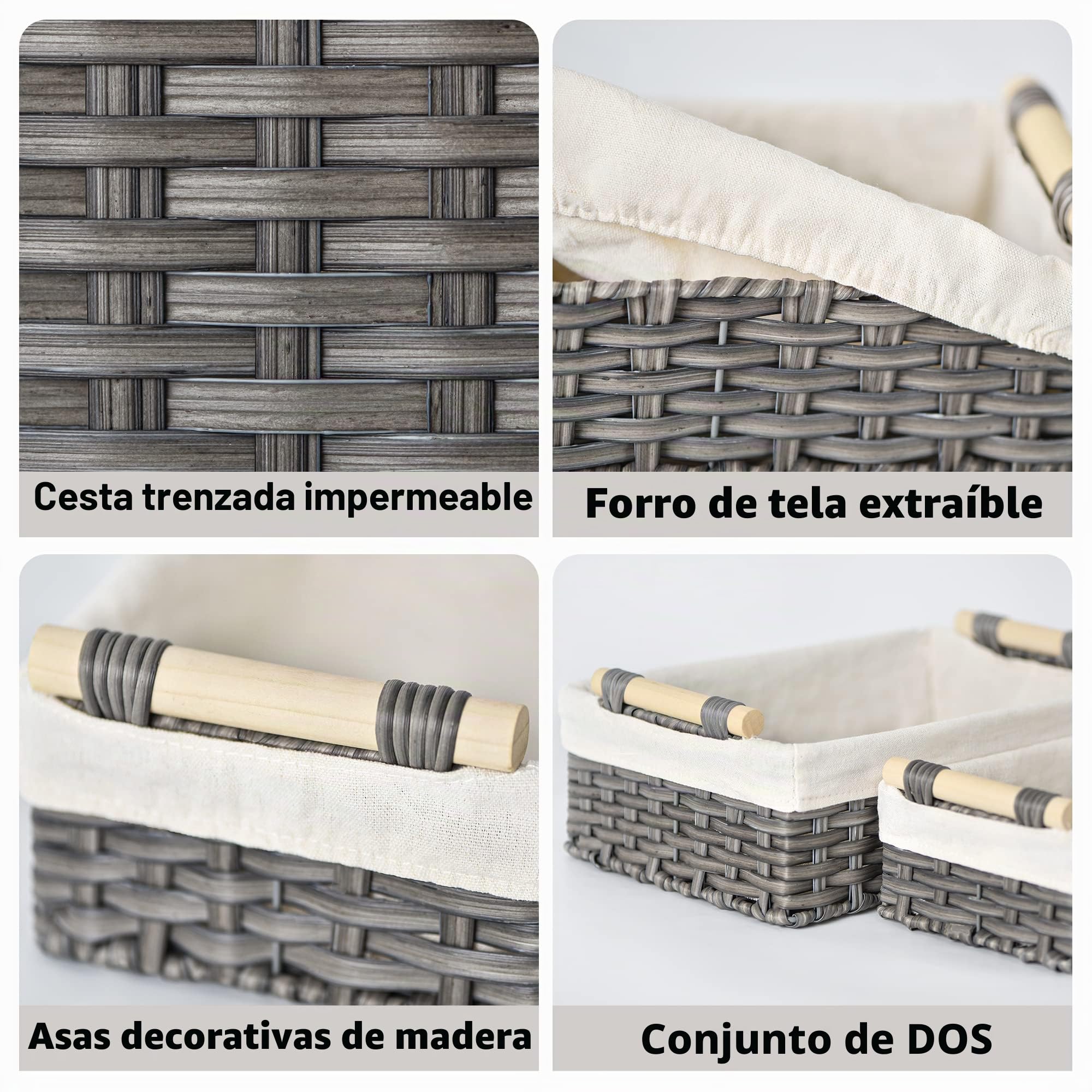 GRANNY SAYS Cestas de Mimbre, Juego de 2 Cestas de Almacenaje Decorativas para Estantes, Cestas para Papel Higiénico, Cestas de Almacenaje Tejidas Grises con Asas de Madera