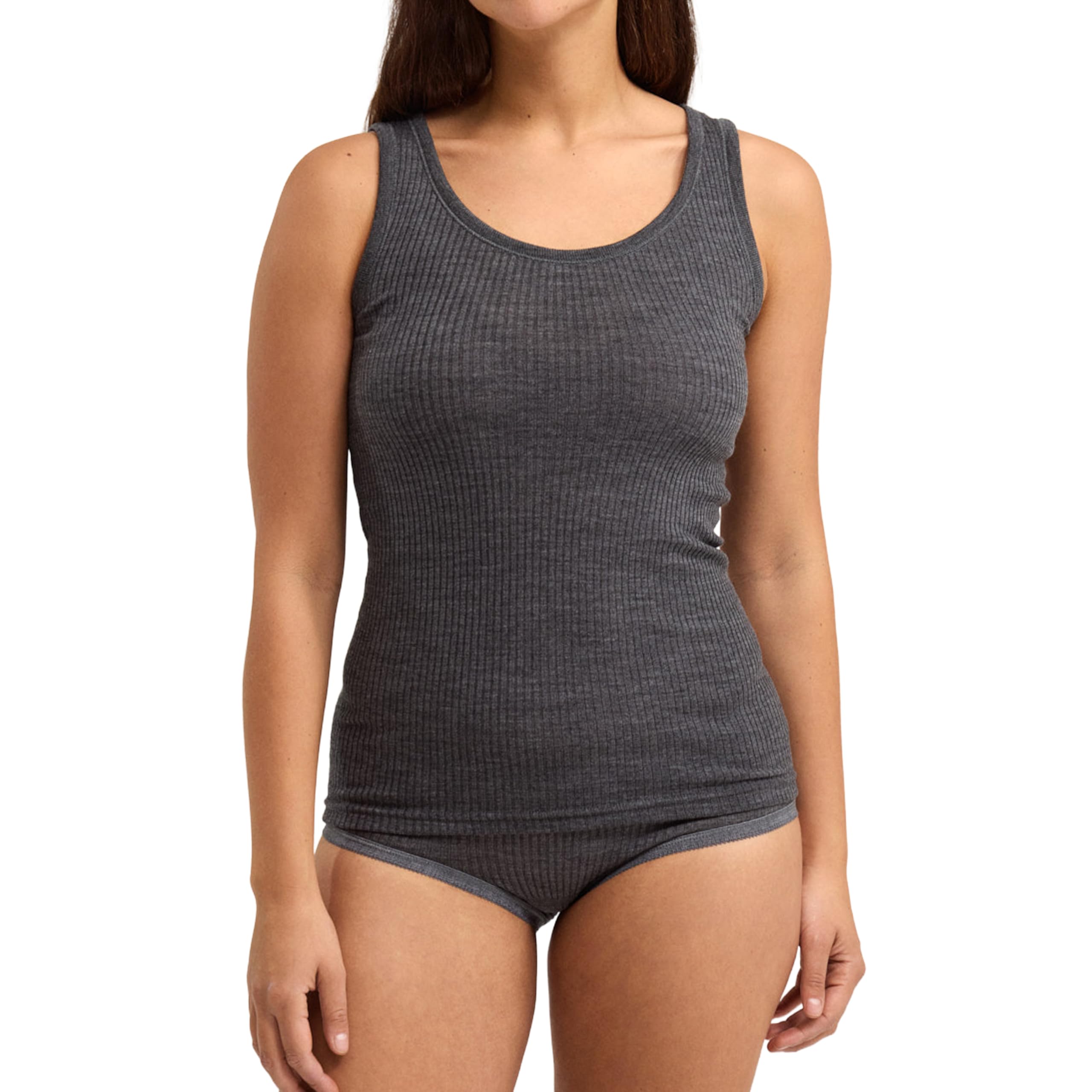 Dilling Women's Dark Grey Melange Ribbed Top - Organic Merino Wool 14