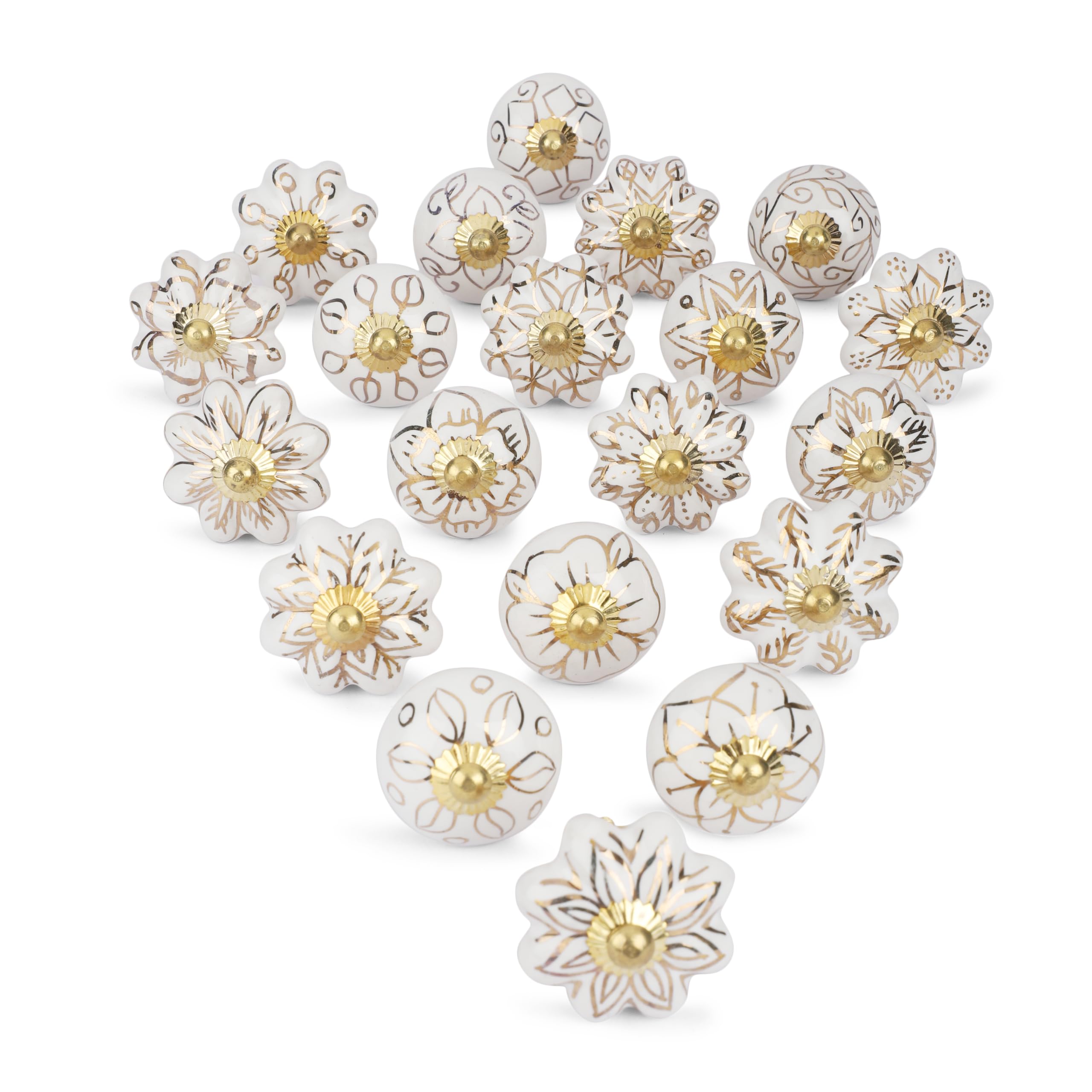 Ajuny White-Gold Ceramic Knobs Set Of 20 White And Gold, Handmade Cupboard Door Knobs, Drawer Pull Handles For Kitchen Cabinets, Bathroom, Wardrobe, Dresser Furniture With Fixings