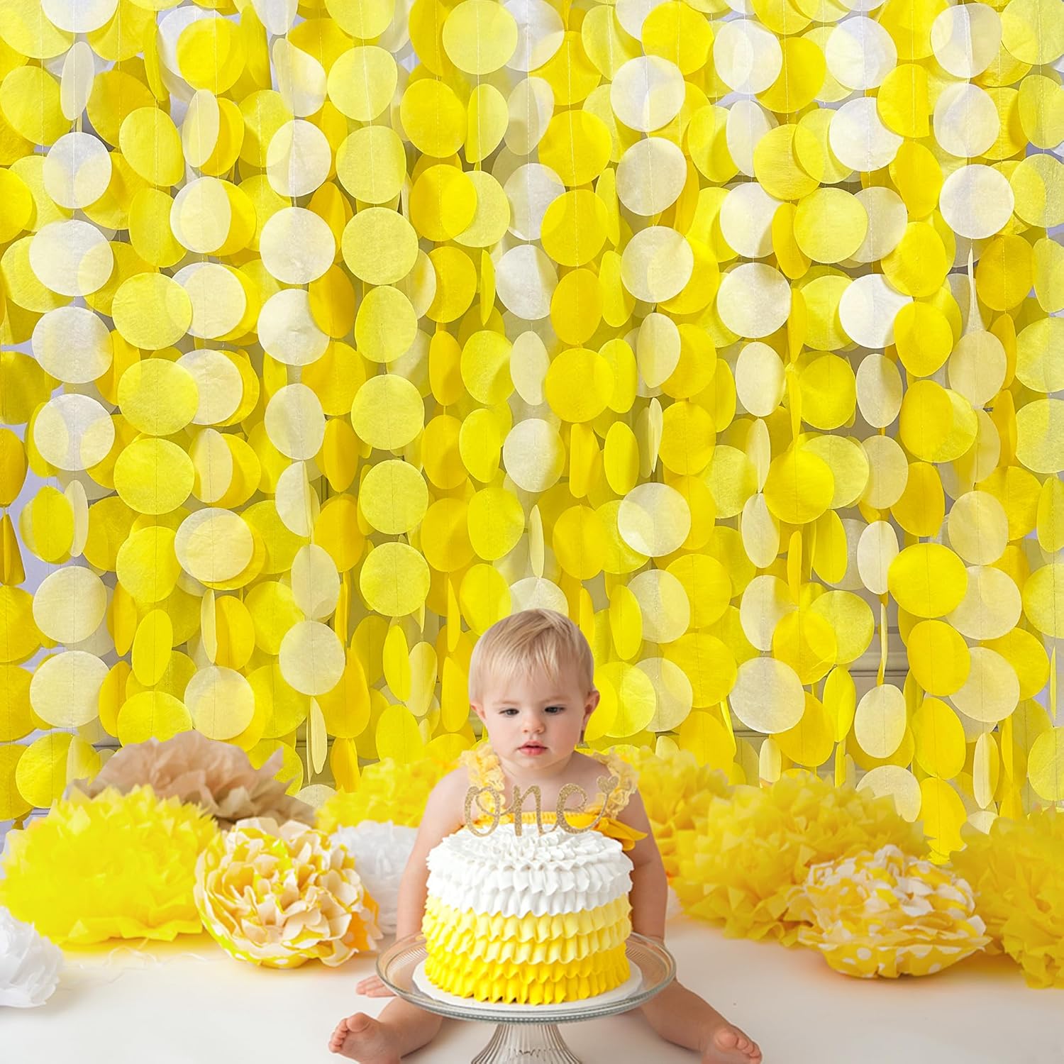 192Ft Yellow Party Decorations Ombre Yellow White Big Polka Dots Backdrop Streamer Gradient Yellow Tissue Paper Circle Dot Hanging Garland for Lemon Bee Sunflower Birthday Baby Shower Party Supplies - Image 4