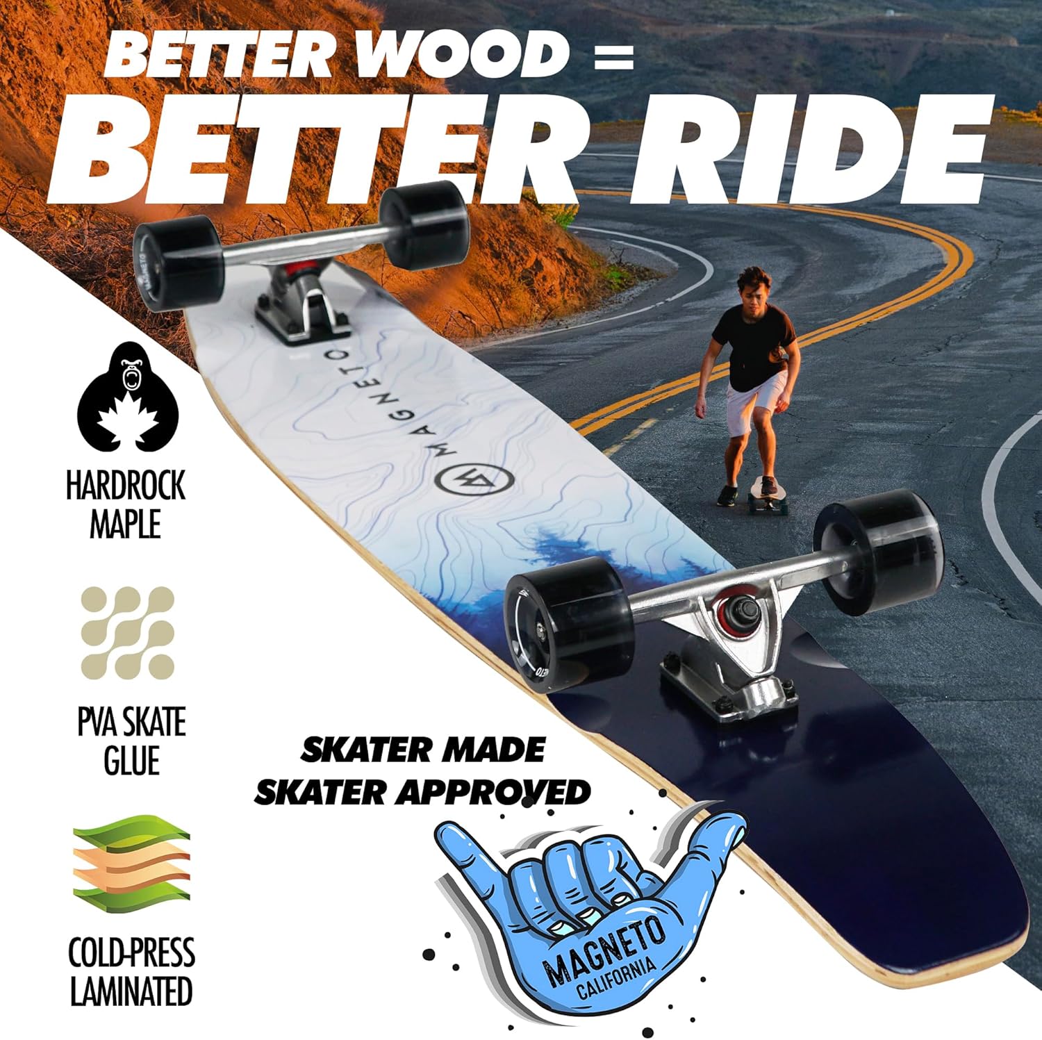 Magneto 44 inch Kicktail Cruiser Longboard Skateboard | Bamboo and Hard Maple Deck | Made for Adults, Teens, and Kids