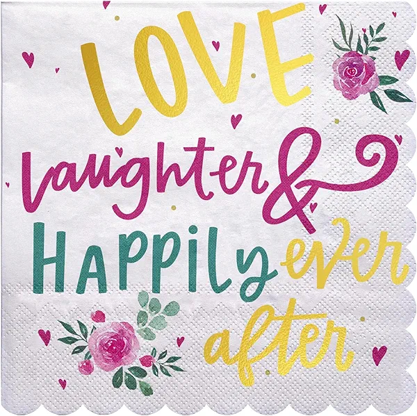 LeZakaa 50Pcs Wedding Napkins-“Love,Laughter,Happily Ever After”Lettering Gold Foil Design 3 Ply Disposable Paper Napkin Bridal Shower Tableware Party Supplies for Wedding, Engagement-6.5x6.5" Folded