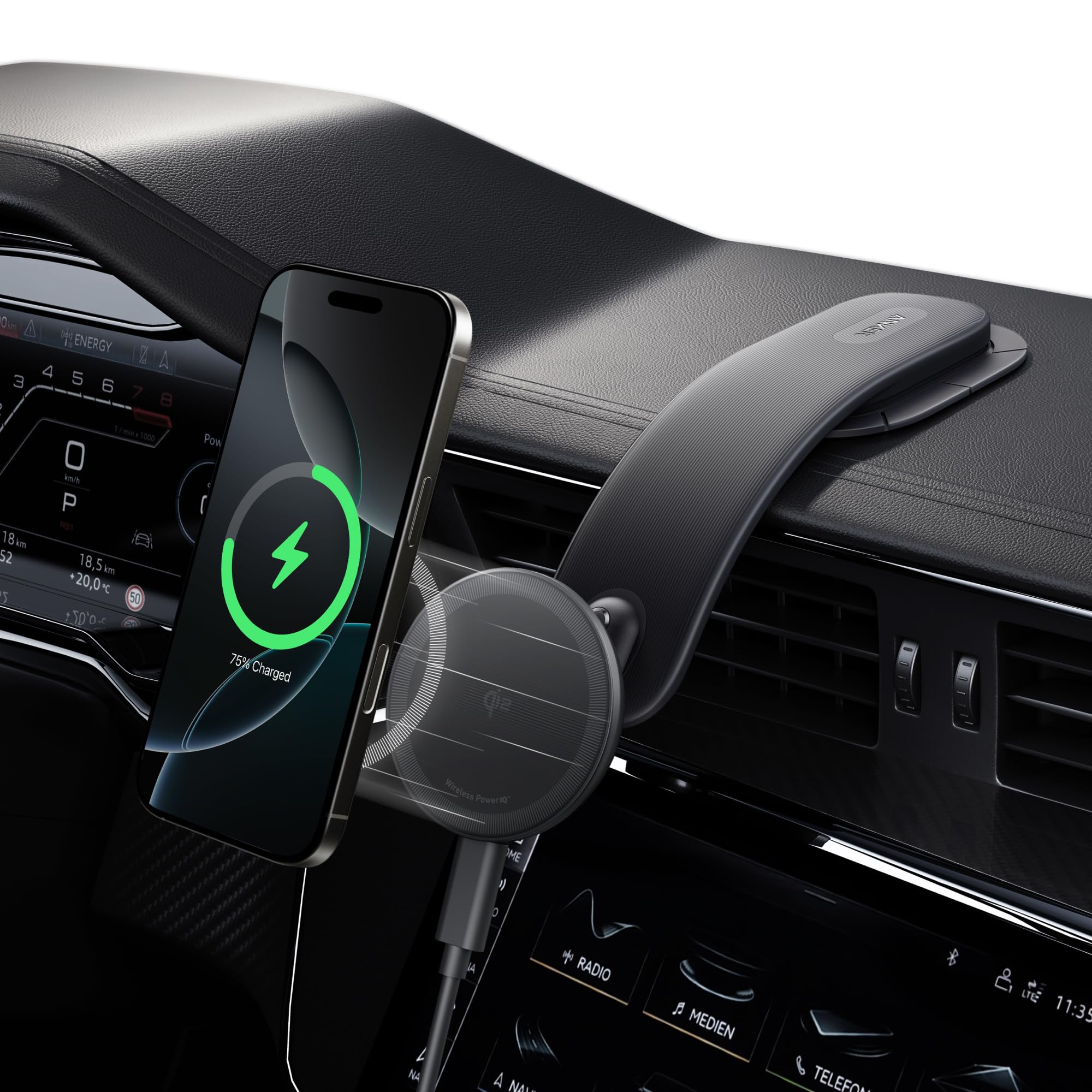Anker Nano Cargador Coche Inalámbrico para Coche, Cargador Ajustable 360° con Almohadilla Desmontable, Carga Certificada Qi2 de 15W, para iPhone 16/15/14/13/12 (Adaptador Incluido)