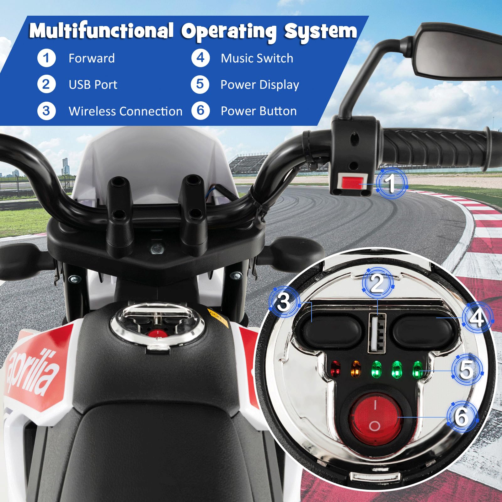 Elektrische motor kind APRILIA DORSODURO 900, Licensed, 12V batterij, EVA zachte wielen, 2 x 18W motoren