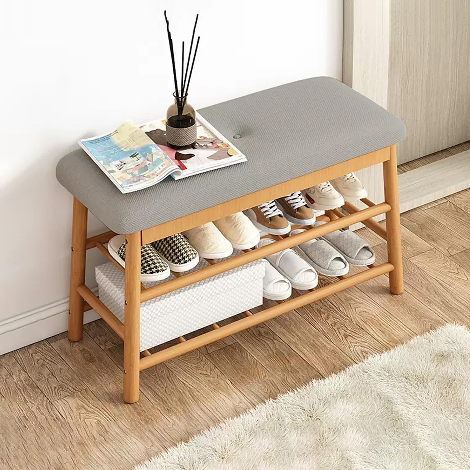 GHFXSCV Farmhouse Wood Shoe Storage Bench with Padded Seat 3-Tier Bamboo Entryway Shoe Rack nizer Slim Cabinet for Entryway & Hallway Storage