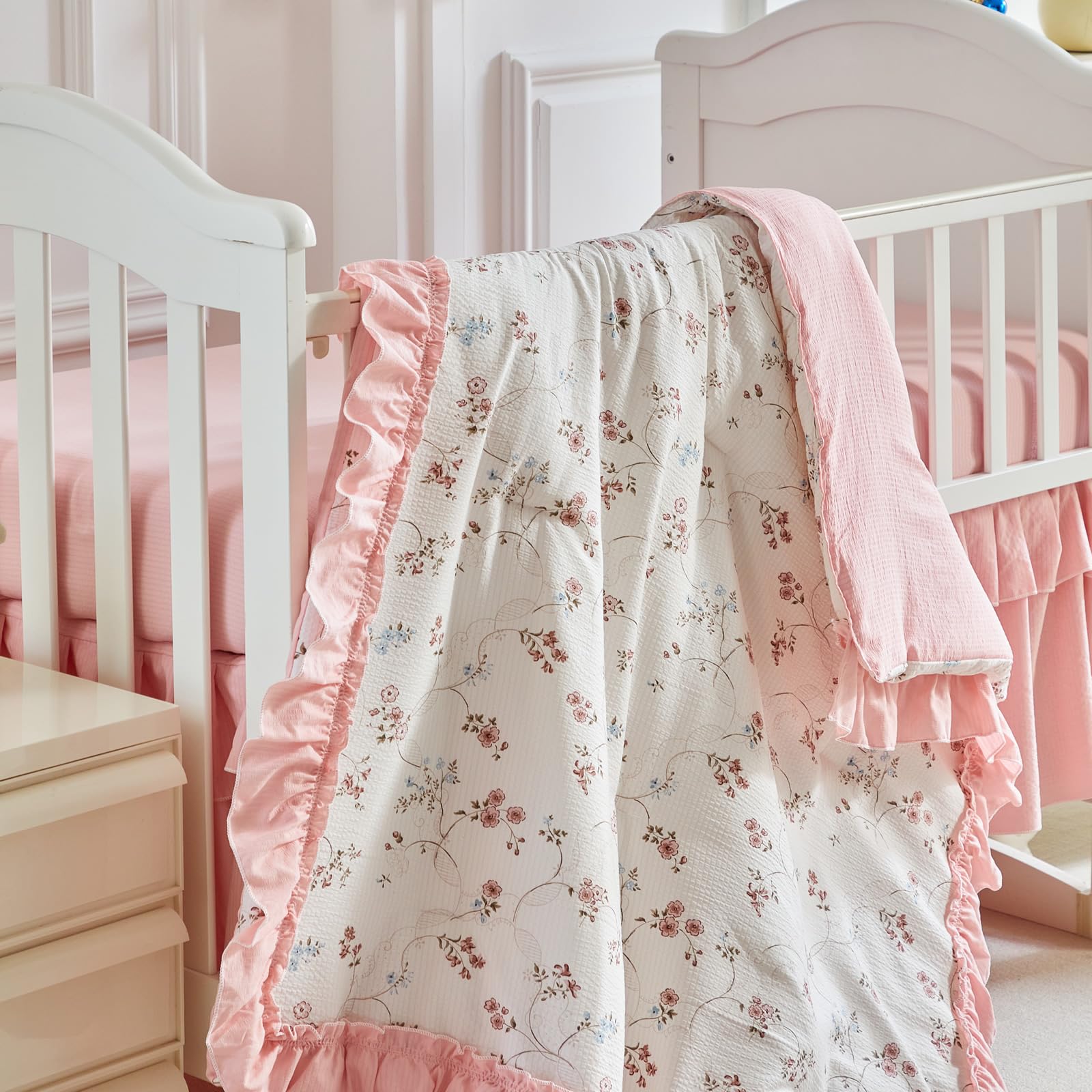Baby Bedding Coral Ruffle Crib Skirt Secret Garden Coral Floral