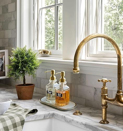 Miniatura 4 de JASAI Dispensador de jabón de vidrio cuadrado antiguo con bomba dorada a prueba de óxido, dispensador de jabón recargable con 10 calcomanías para