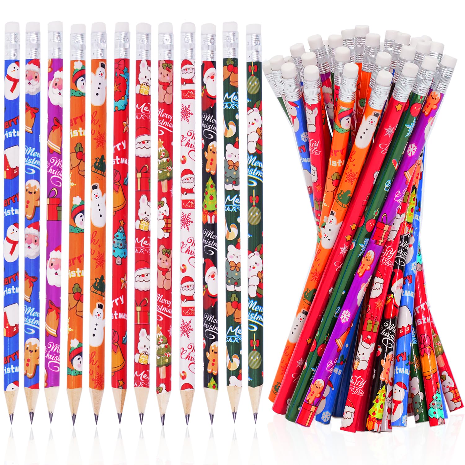 SETRUE 48 Pcs Christmas Pencils with Eraser, Xmas Wood Pencils Bulk for Christmas Party Favors School Classroom Supplies(12 Styles)