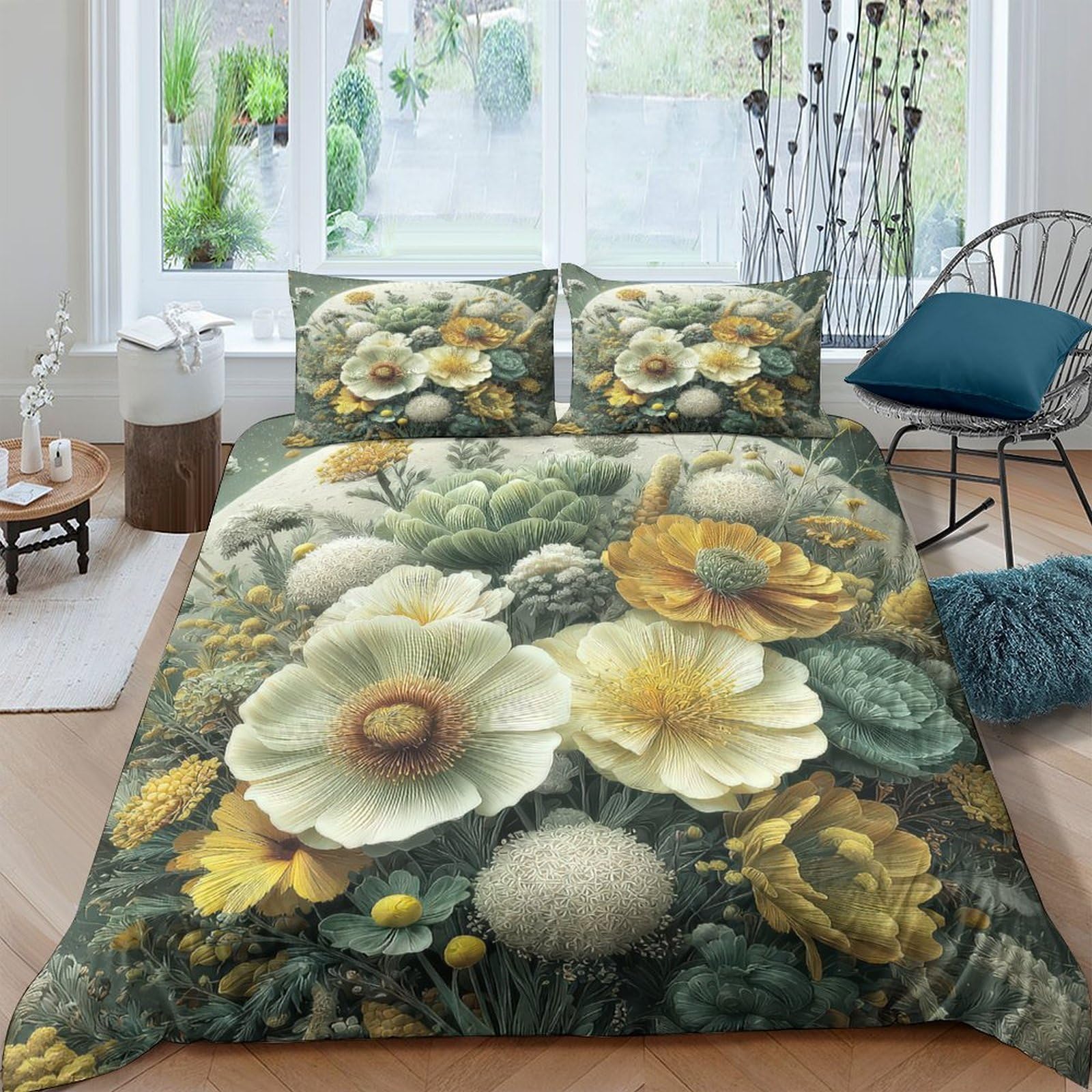 GPLZQXKJNH 3D Printed Vintage Floral Duvet Cover Set Microfiber Soft Breathable Botanical Bloom Bedding with 2 Pillowcases for Bedroom Home Decor Single（135x200cm）