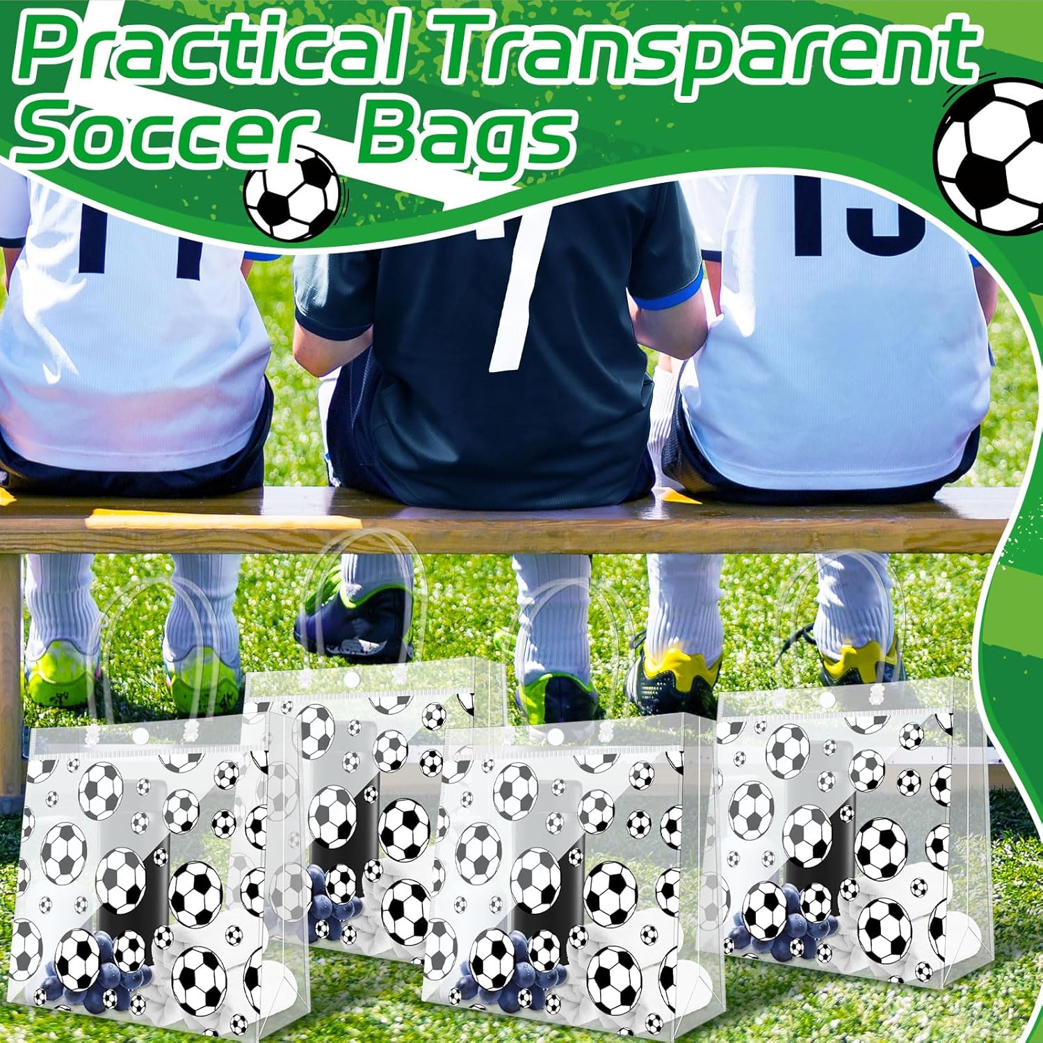Demonwer 36 Pcs Soccer Clear Goodie Bag with Handles PVC Sport Theme Goodie Treat Candy Bags Reusable Party Favor Bag for Team Birthday Gifts 8×8×3.2 Inch - Image 6