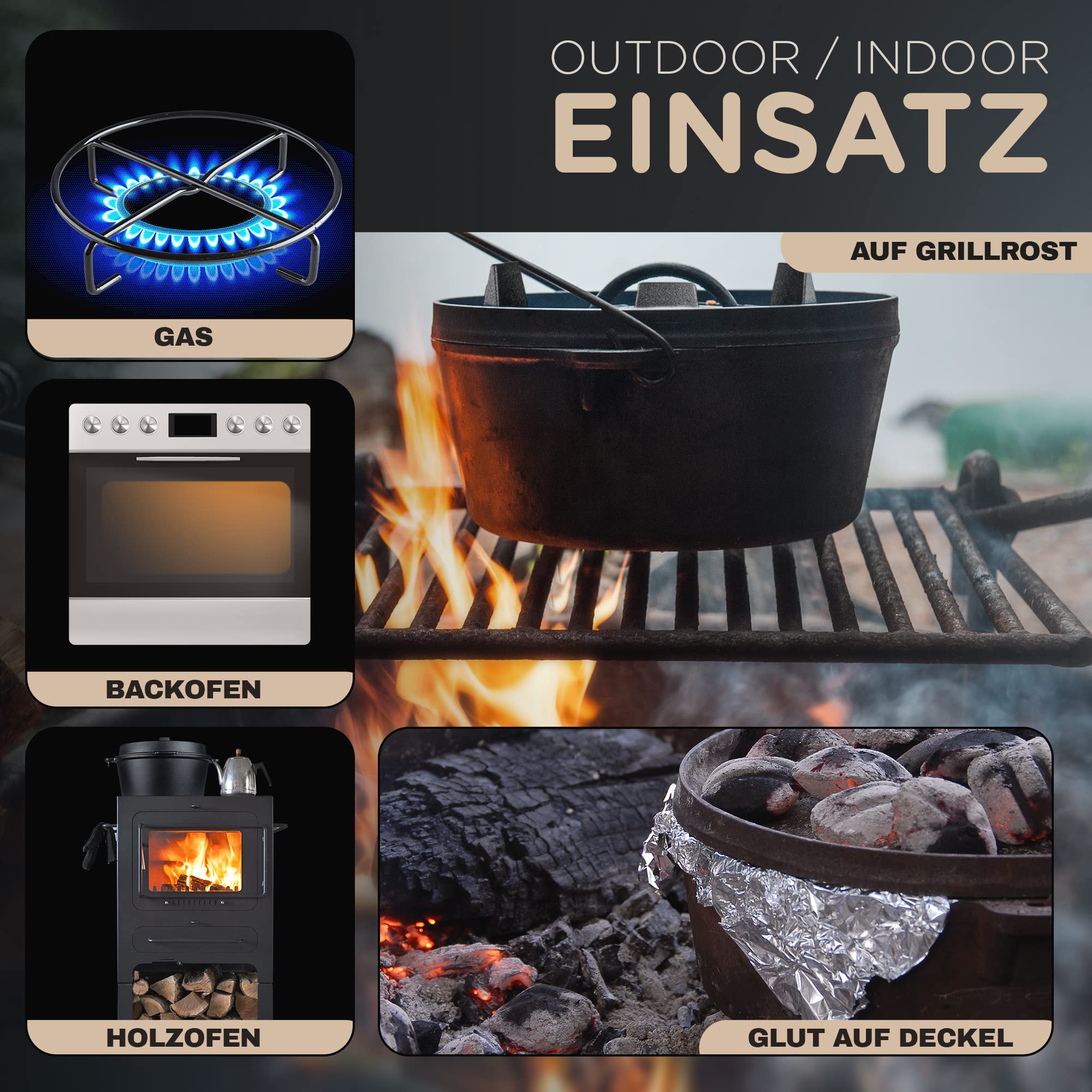 ORIGINAL DUTCH OVEN (9L), JAXX ROADHOUSE eingebrannter Gusseiserner Feuertopf mit Deckelheber & Tragetasche, für Innen und Außen