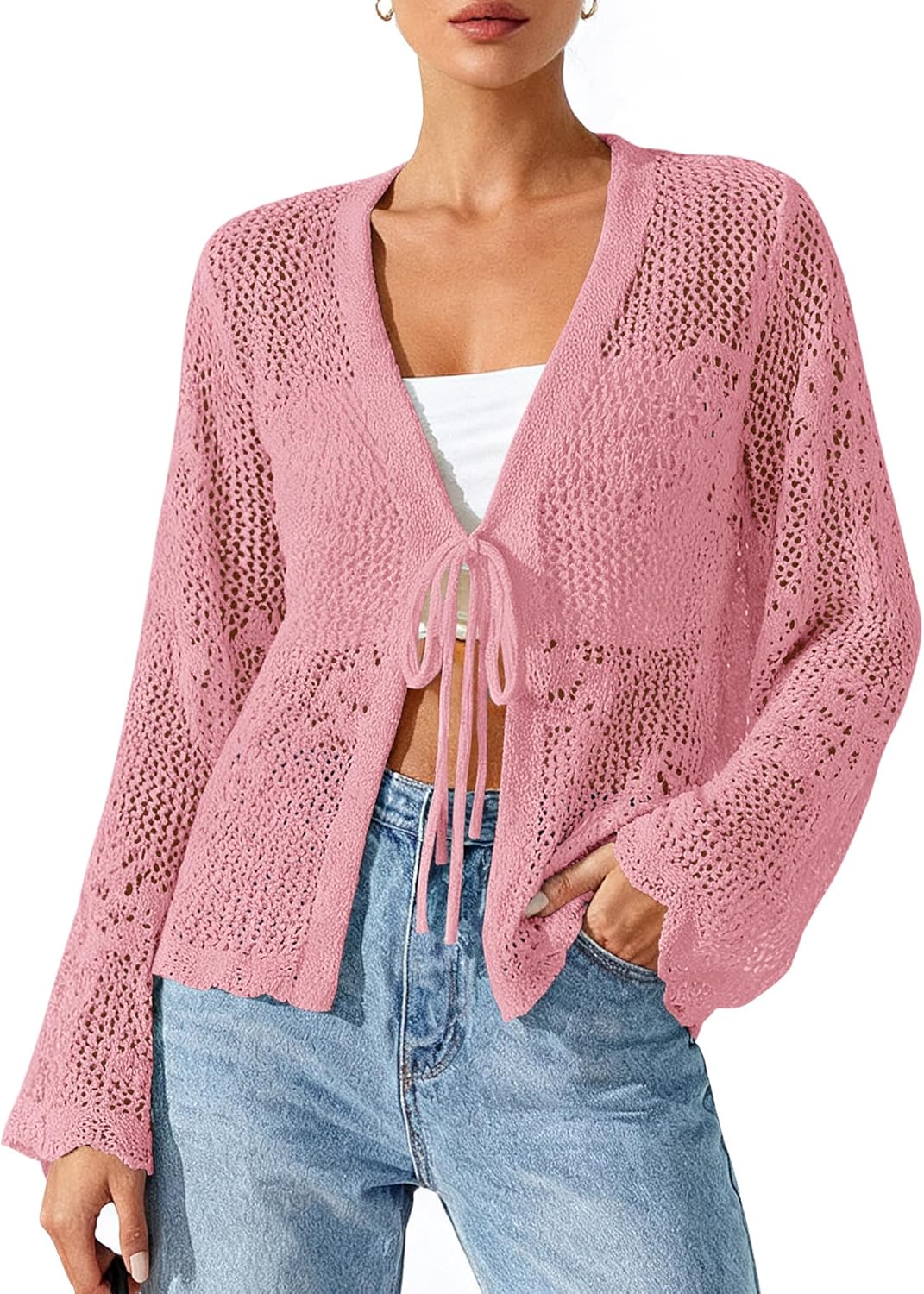 BTFBM Summer Cardigans for Women Lightweight 2026 Spring Crochet Mesh Long Sleeve Tie Front Knit Beach Vacation Outfits