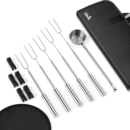 Gibot Palitos de asado de malvavisco para hoguera, 5 varillas extensibles de acero inoxidable aptas para lavavajillas, con restos, alfombrilla de
