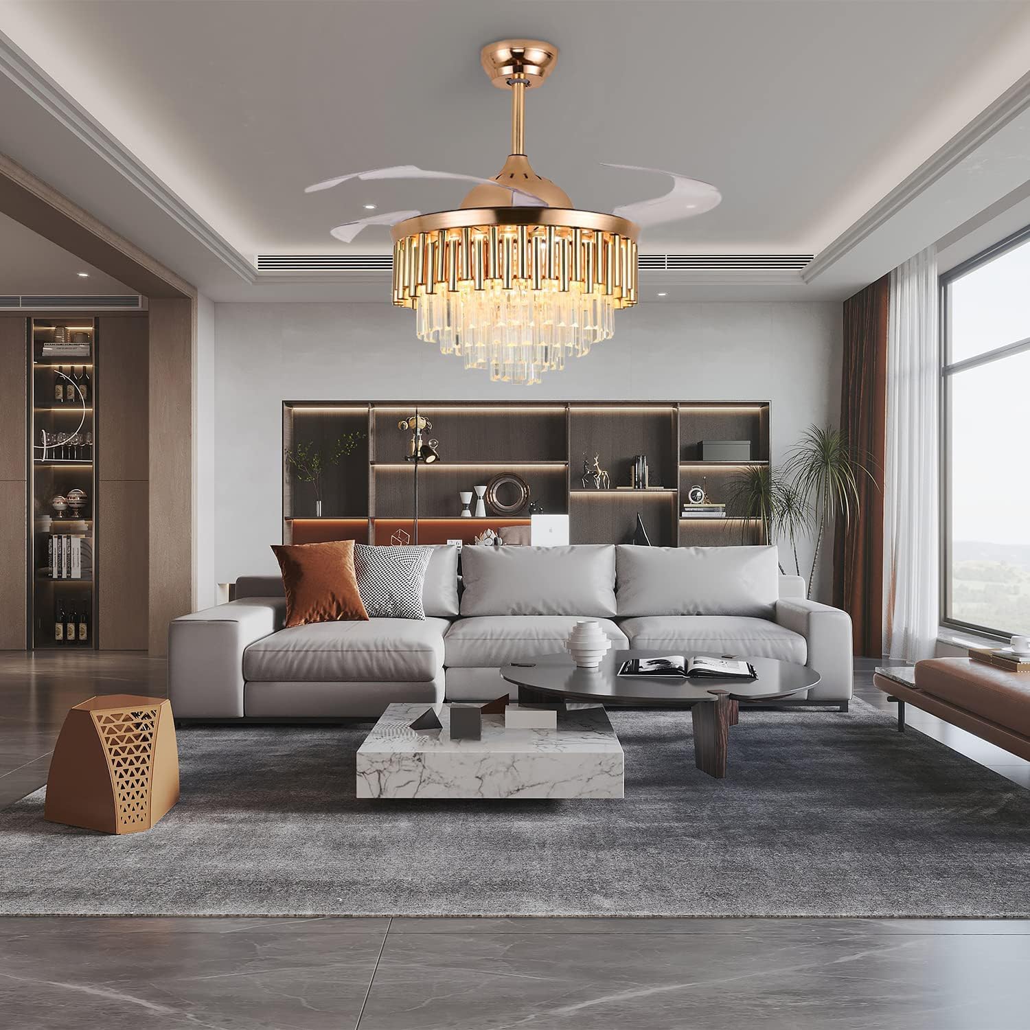 MORE CHANGE 42" Crystal Fandaliers Ceiling Fan with Lights Retractable Blades Remote Control Modern Chandelier Fan 3 Speeds 3 Color Changes Lighting Fixtures, Silent Motor with LED Kits