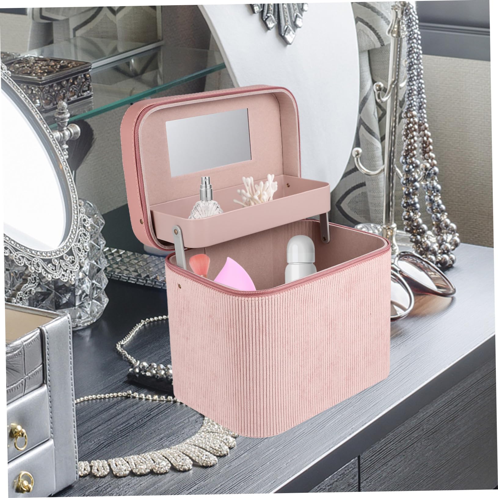 Tragbarer Kosmetikkoffer Groß Mit Griff Staub Und Verschleißfest Damen Make up Tasche Für Reisen Mit Spiegel