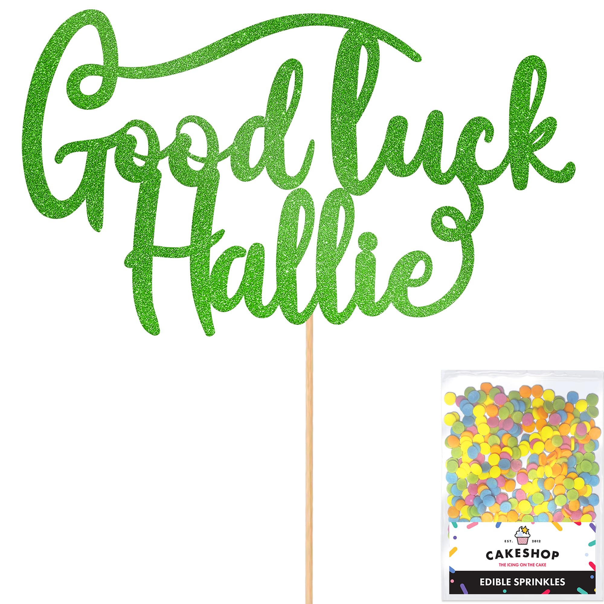 Cakeshop Personalised Good Luck Glitter Cake Topper With Sprinkles - Green Custom Colour - Any Name - Double-Sided Glitter Card Cake Decoration - Custom Toppers for Cakes — image 1