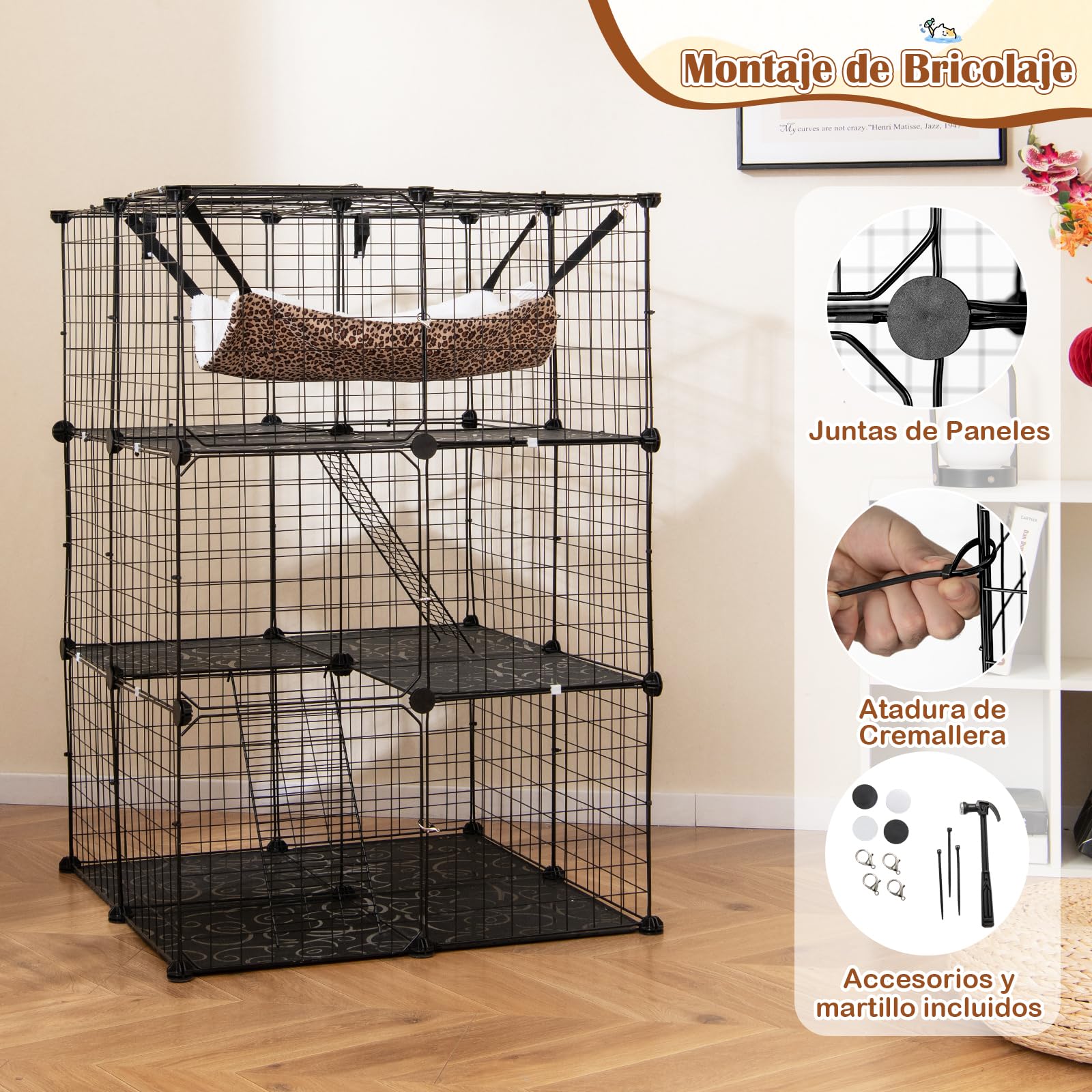 GYMAX Jaula Interior de 3 Niveles para Gatos, con Hamaca, 2 Escaleras, Panel Desmontable, Alambre Metálico y 3 Puertas Bloqueables, Apta para 1-3 Mascotas