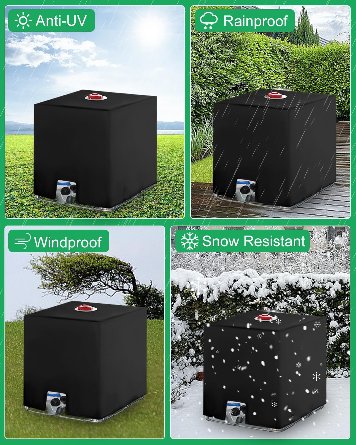 Jissta 2PC Bache pour Cuve IBC 1000L, Bâche Recuperateur d Eau de Pluie, Anti-UV Anti-Poussière Bache de Reservoir d'eau, Couvercle Housse de Protection Cuve 1000l, 116 x 100 x 120 cm, Noir
