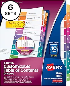 Avery 10-Tab Dividers for 3 Ring Binders, Multicolor Tabs (11188)