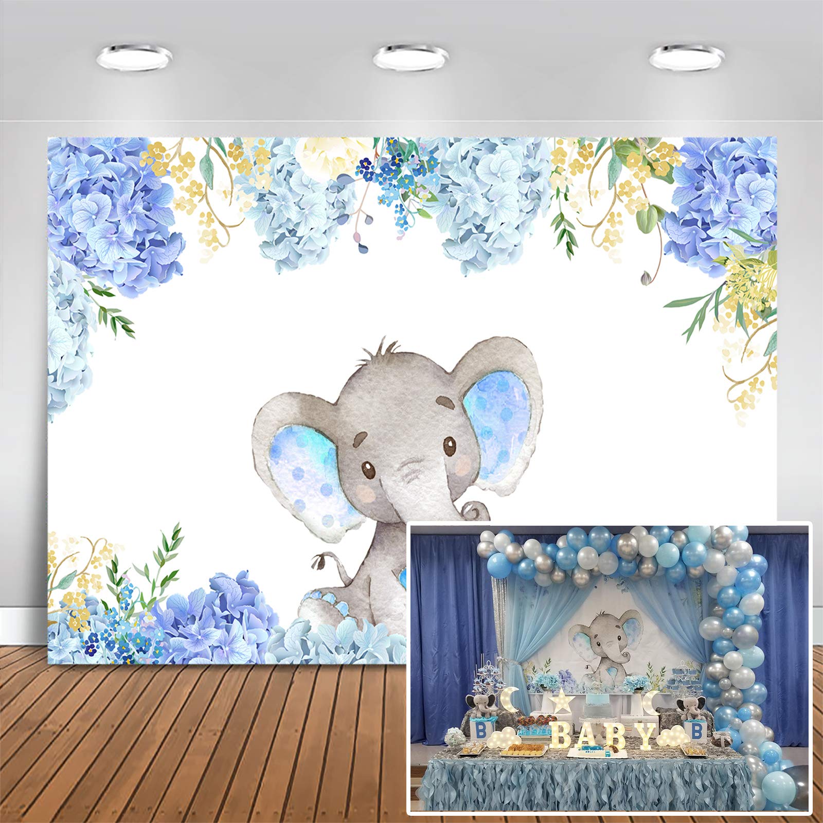 Mehofoto Boy Elephant Baby Shower Backdrop Light Blue Flower Elephant