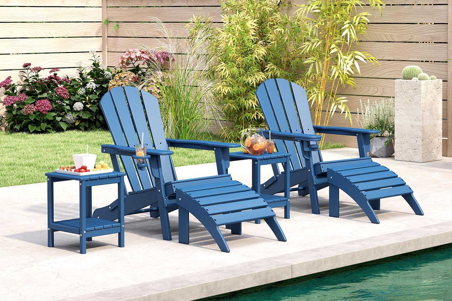 BRIOPAWS Folding-Adirondack-Chairs Set of 2 | HDPE Plastic | Fire Pit Chair | Cup Holder | Curved Back | All Weather| for Outdoor Backyard Deck Patio | Blue