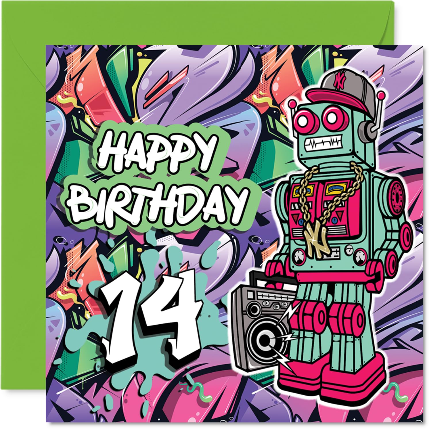 14th Birthday Cards for Boys - Wicked Graffiti Robot - Happy Birthday Card for 14 Year Old Boy Great Nephew Nephew Cousin Brother, 145mm Bday Greeting Cards