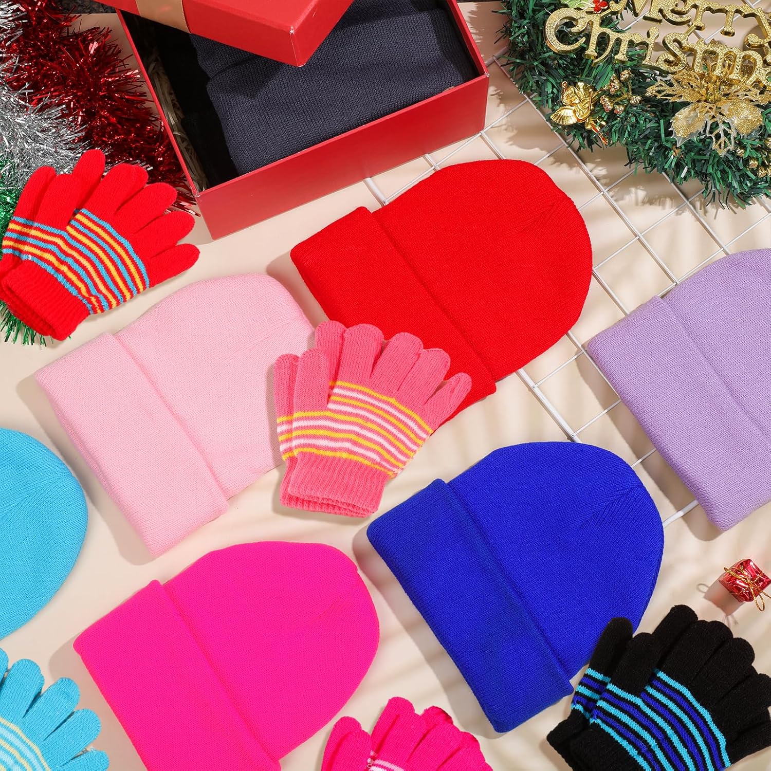 Suhine 24 Set Kids Winter Beanie and Gloves Bulk Colorful Unisex Bulk Warm 8 Styles Knit Hat Stretchy Full Fingers Gloves - Image 4