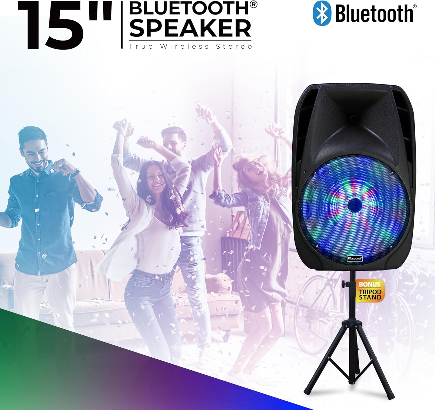 IQ Sound IQ-4415DJBT 15-inch Professional Bluetooth Speaker with Tripod Stand, 900 Watts, Moonlight Glow, USB/Micro SD/Mic Input, FM Radio, AC/DC Power, Handle, Wheels and Rechargeable Battery