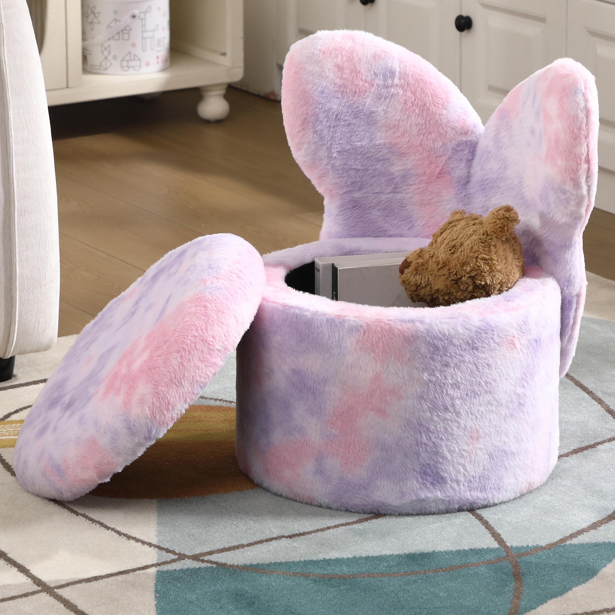 Kids Desk Chairs, Toddler Chairs Comfy Faux Fur Kids Storage Ottoman, 2 in 1 Children Stool with Storage, Butterfly Chair for Kids Girls Gifts, Storage Stool for Bedroom/Loving Room, Purple